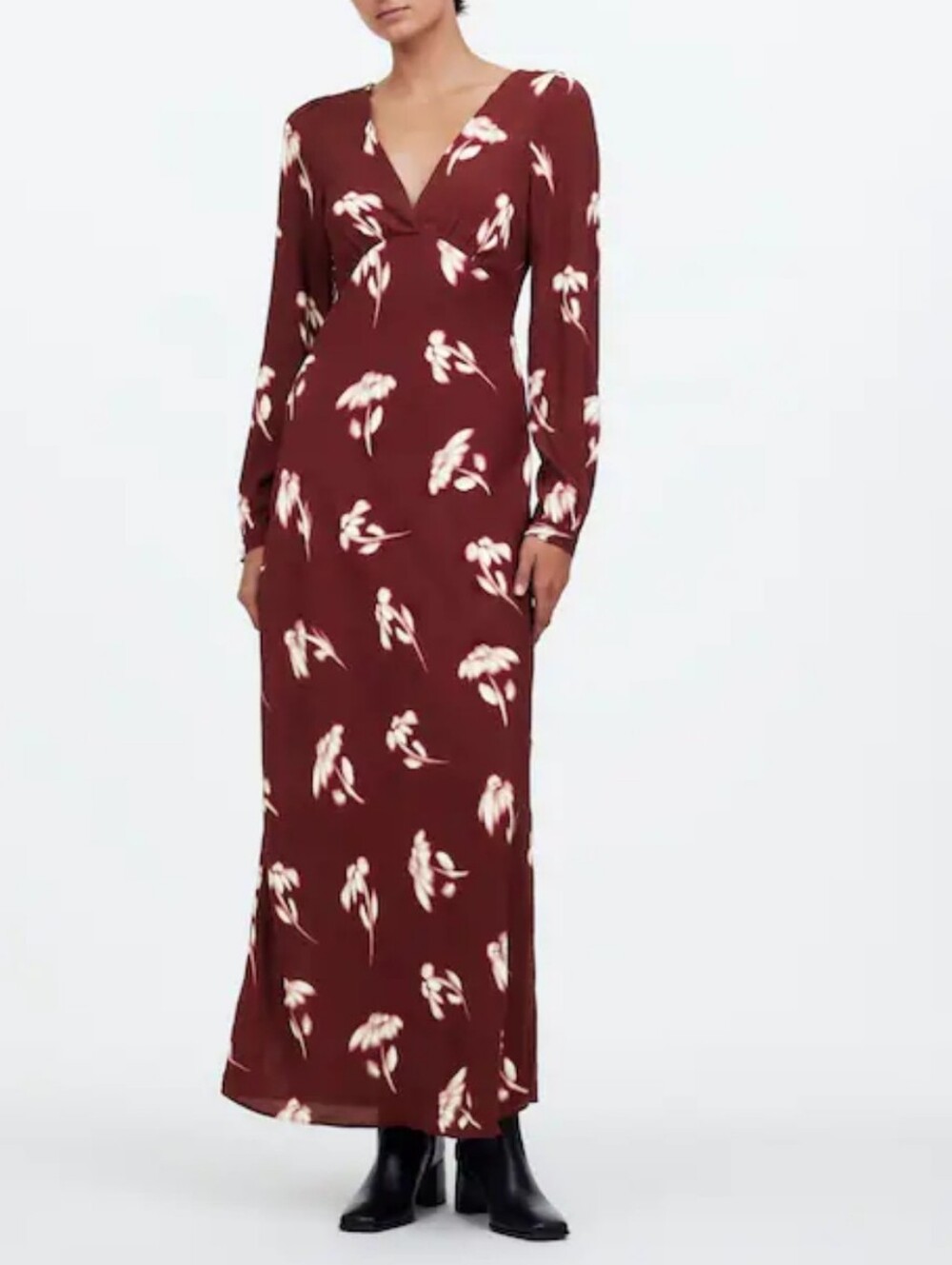 NWT Madewell Bordeaux V Neck Cuff Sleeve Maxi Dress In Floral Size 6